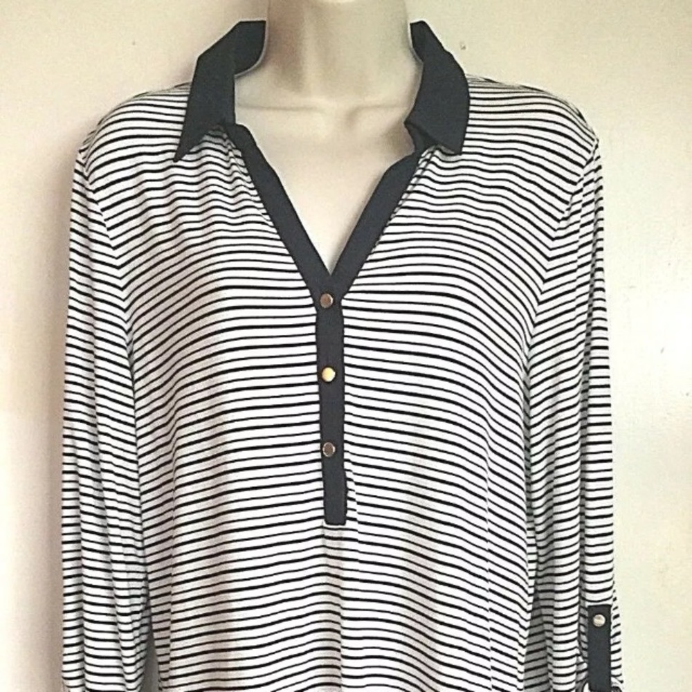Anne Taylor (Large) Black Stripe Rayon Blend Top